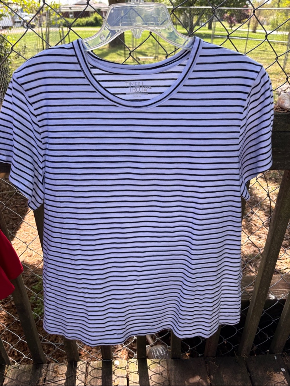 Time and Tru White and Black Striped Tee - Crewneck